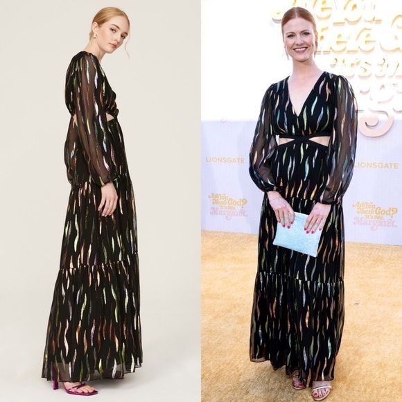 SHOSHANNA Rainbow Metallic Chiffon Puff Long Sleeve Cutout Waist Maxi Gown 10 - Picture 3 of 12